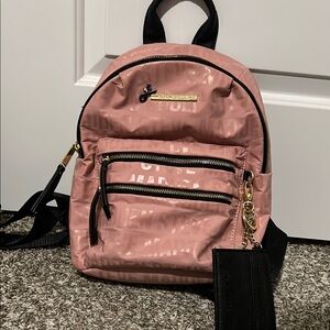 Pink and Black Backpack with Celestial Pattern and Gold Accents